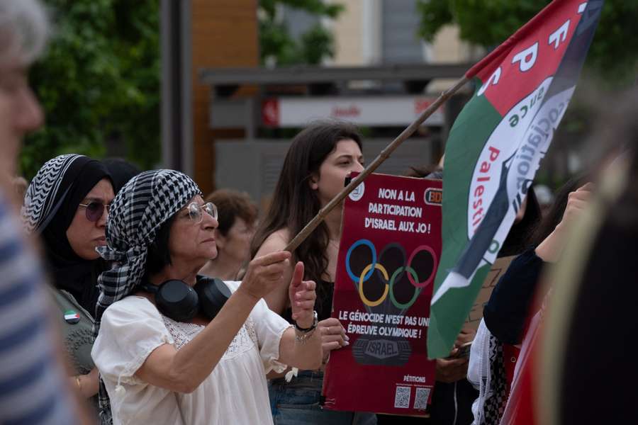 Demonstrators protest against Israel's participation in the Paris Olympics