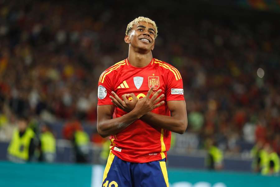 Lamine Yamal celebrates his goal in Spain's win over France in the UEFA Nations League semi-finals.