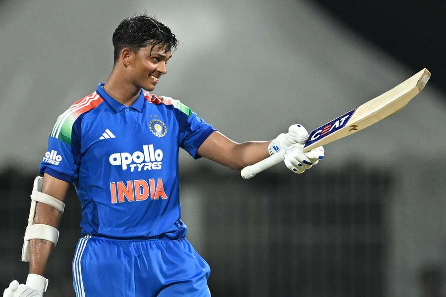 India's Yashasvi Jaiswal celebrates after scoring his century against Afghanistan India's Yashasvi Jaiswal celebrates after scoring his century against Afghanistan