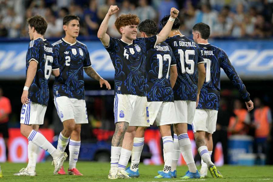 Valentín Barco célèbre son but lors du match amical entre l'Argentine et la Zambie, disputé à La Bombonera de Buenos Aires le 31 mars 2026 en préparation à la Coupe du monde.