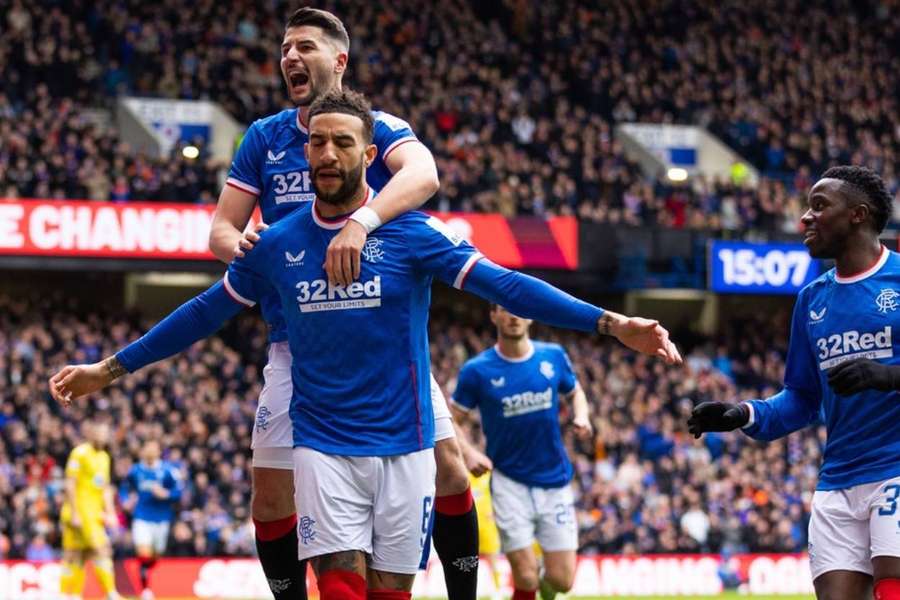 Connor Goldson celebrates scoring against Kilmarnock alongside Antonio Colak and Fashion Sakala Junior