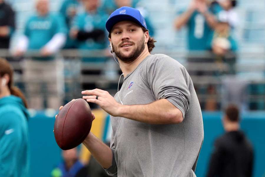 Josh Allen warms up before the 2026 AFC Wild Card game against the Jaguars