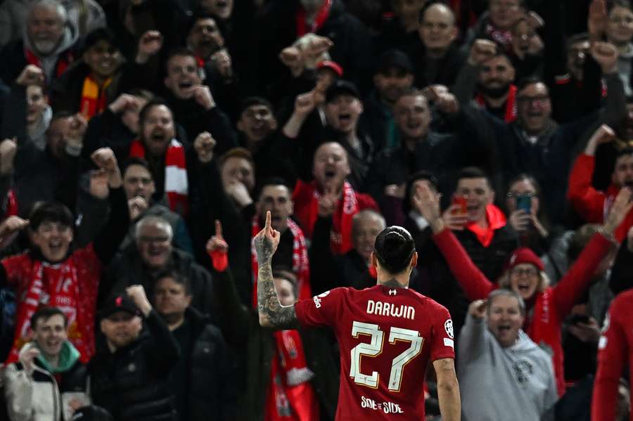 Nunez celebrates in front of the Liverpool fans