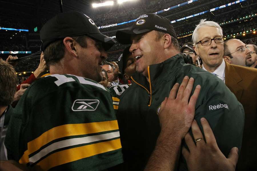 Mike McCarthy (R) with Aaron Rodgers after the Green Bay Packers' Super Bowl XLV win in 2011 Mike McCarthy (R) with Aaron Rodgers after the Green Bay Packers' Super Bowl XLV win in 2011
