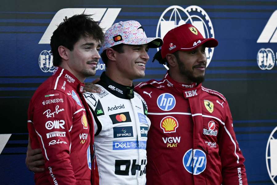 Top three drivers Lando Norris, Charles Leclerc and Lewis Hamilton pose for a photo after the qualifying session for the Mexico Grand Prix Top three drivers Lando Norris, Charles Leclerc and Lewis Hamilton pose for a photo after the qualifying session for the Mexico Grand Prix