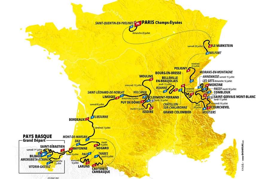 Mapa oficial del recorrido del Tour de Francia 2023.