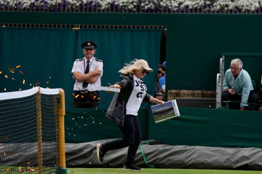 A protestor throws glitter on Court 18