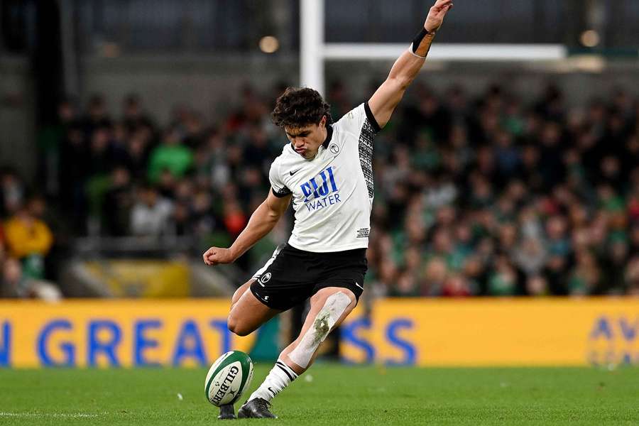 Fiji's Caleb Muntz boots a penalty goal against Ireland in Dublin last year. Fiji's Caleb Muntz boots a penalty goal against Ireland in Dublin last year.
