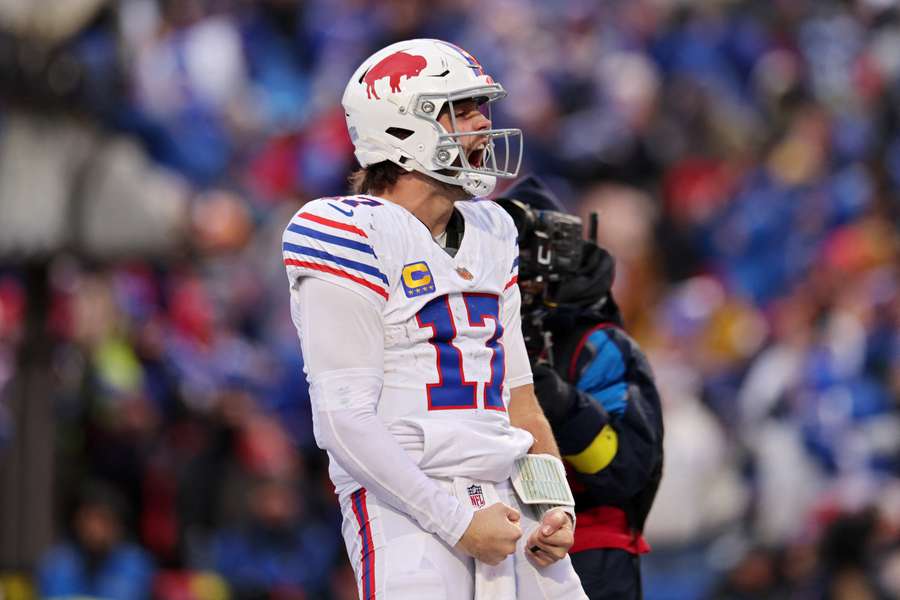 Josh Allen of the Buffalo Bills reacts after scoring a touchdown during the fourth quarter against the Tampa Bay Buccaneers Josh Allen of the Buffalo Bills reacts after scoring a touchdown during the fourth quarter against the Tampa Bay Buccaneers