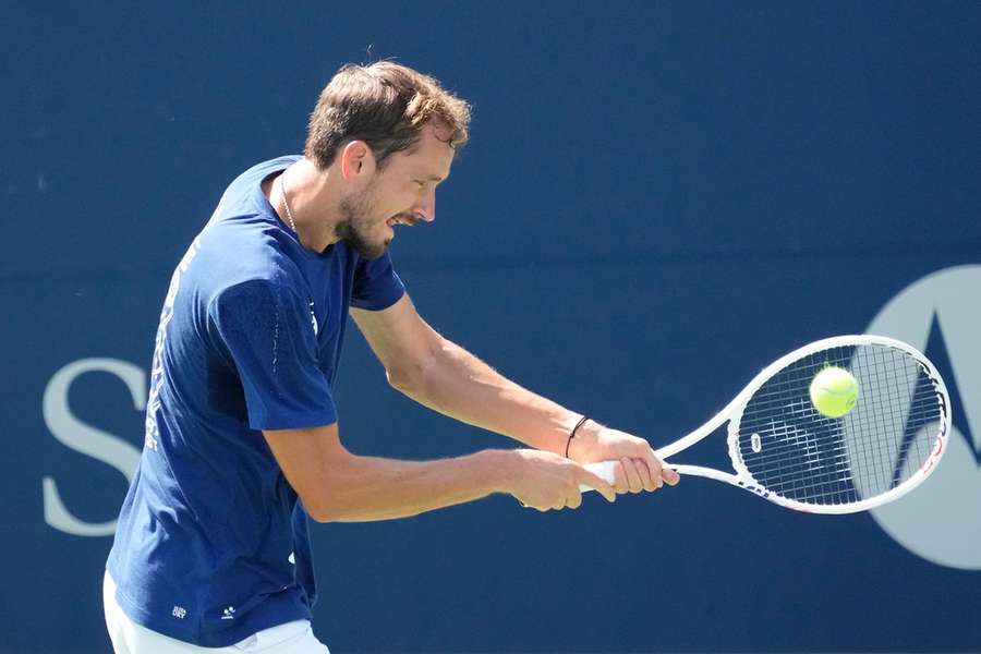 Medvedev hits a ball during a practise session at Sobeys Stadium