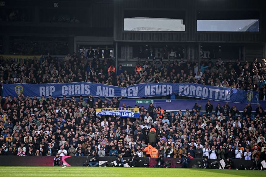 Leeds fans display a banner honouring Christopher Loftus and Kevin Speight, fans who were murdered in Turkey 23 years ago, ahead of kick-off in the English Premier League football match between Leeds United and Crystal Palace