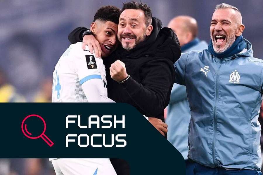 Roberto De Zerbi with Luis Henrique during the Ligue 1 match against AS Monaco at the Stade Velodrome