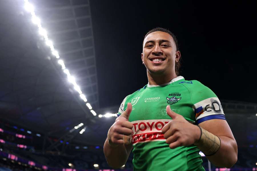 Ata Mariota celebrates Canberra Raiders' narrow victory over Sydney Roosters in Round 13.