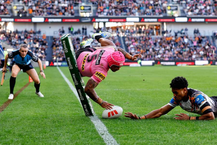 Brian To'o attempts to score a try against Wests Tigers earlier this season.