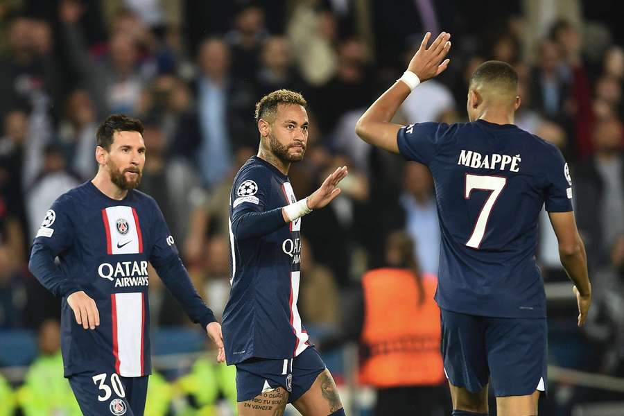 Lionel Messi, Neymar and Kylian Mbappe during a match for Paris Saint-Germain in 2022