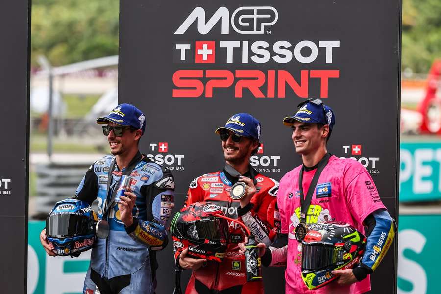 The Malaysian sprint race's top three: Alex Marquez, Francesco Bagnaia and Fermin Aldeguer