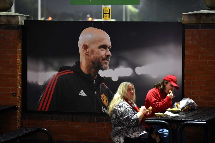 General view of an image of former Manchester United manager Erik ten Hag outside Old Trafford