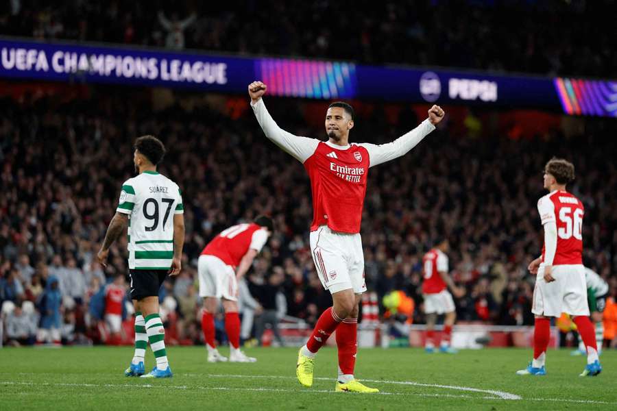 Arsenal's William Saliba celebrates after the match