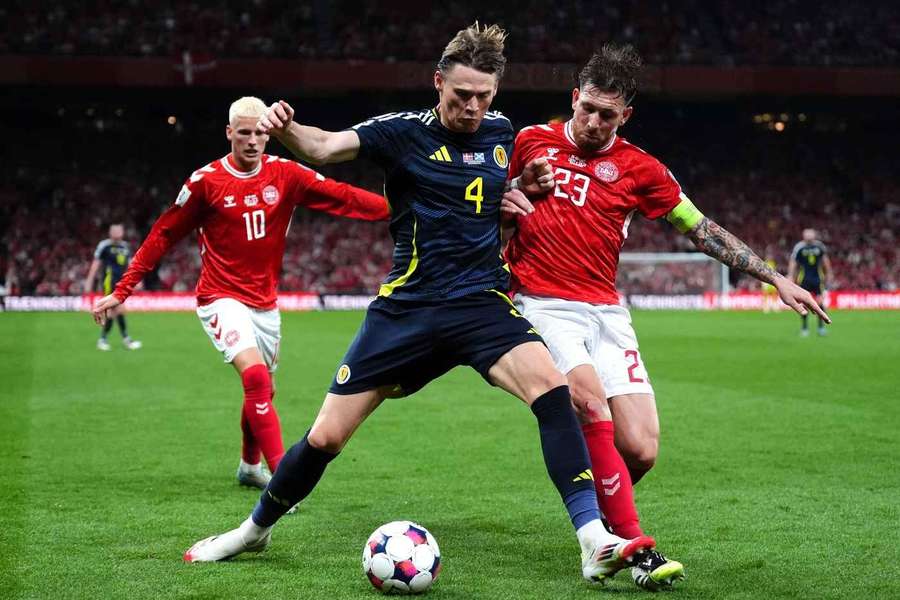 Scotland's Scott McTominay and Denmark's Pierre-Emile Hojbjerg battle for the ball 