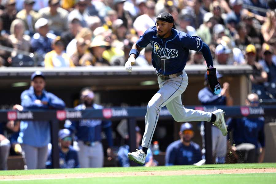Chandler Simpson rounding third base to score at home against the San Diego Padres (2025)