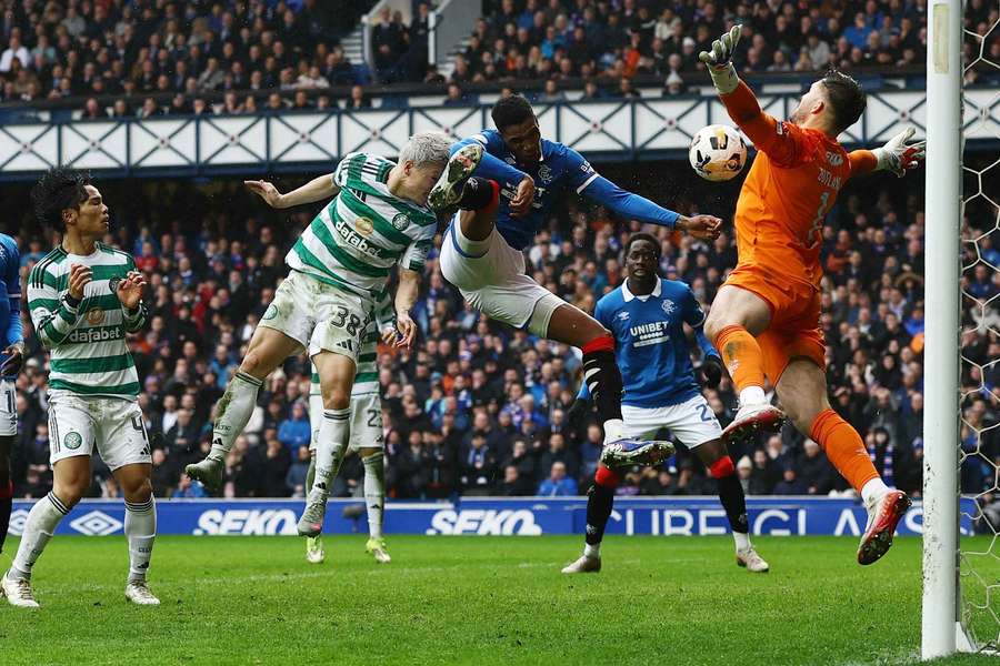 Celtic's Daizen Maeda in action with Rangers' Dujon Sterling and Jack Butland