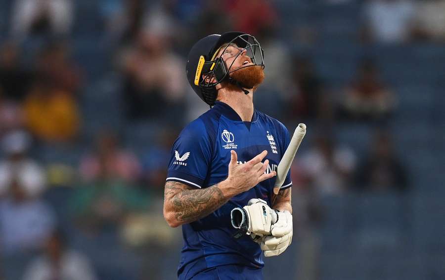 Ben Stokes reacts after hitting his maiden World Cup century