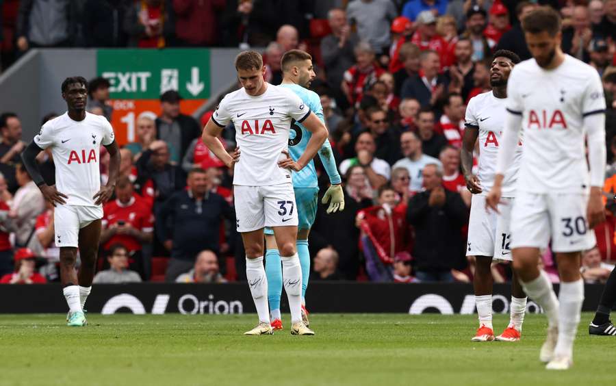 Tottenham Hotspur's Dutch defender #37 Micky van de Ven reacts after the team conceded a fourth goal