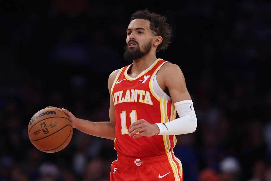Trae Young taking the ball up the court against the New York Knicks (January 2025)