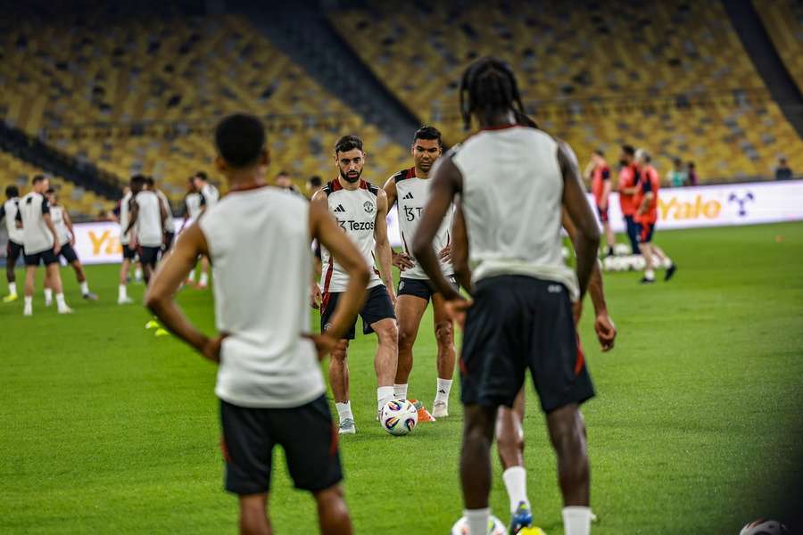 Bruno Fernandes and Casemiro participate in official training at the Bukit Jalil National Stadium in Kuala Lumpur, Malaysia, Bruno Fernandes and Casemiro participate in official training at the Bukit Jalil National Stadium in Kuala Lumpur, Malaysia,