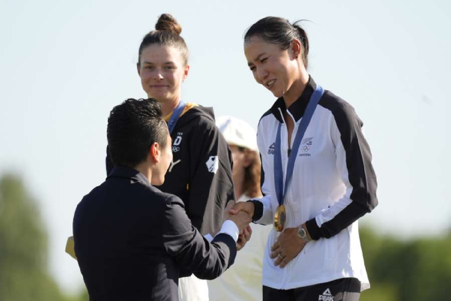 Ko being awarded her gold medal at the Paris Olympics