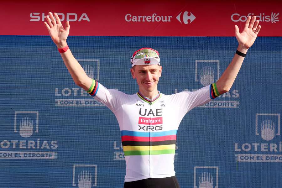 Tadej Pogacar celebrates stage win Tadej Pogacar celebrates stage win