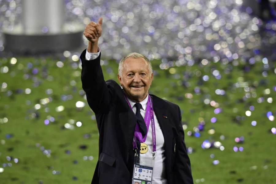Jean-Michel Aulas celebrates after Lyon won the women's Champions League in 2020