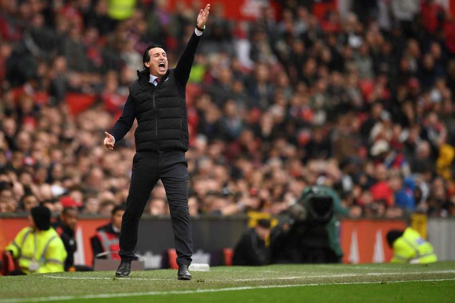 Aston Villa's Spanish head coach Unai Emery reacts during the English Premier League football match between Manchester United and Aston Villa at Old Trafford