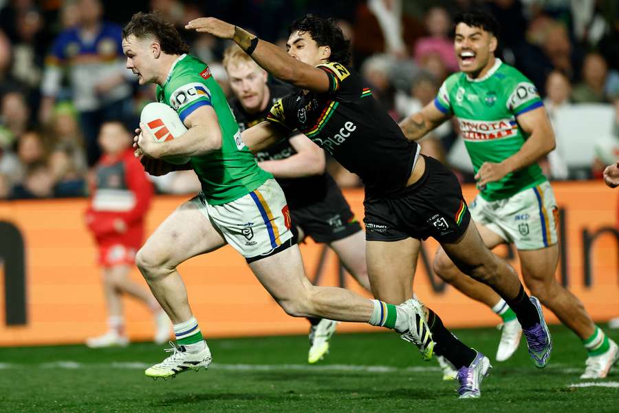 Ethan Strange hustles to score a try in the Raiders' golden point win over Penrith on Friday.