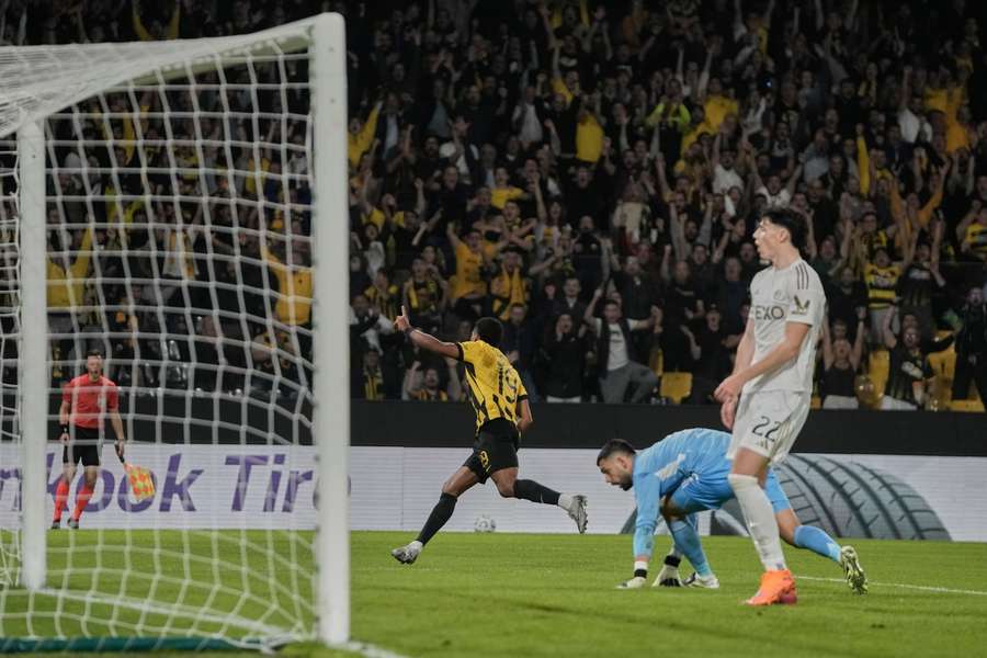 AEK Athens' Niclas Eliasson celebrates after scoring his side's third goal