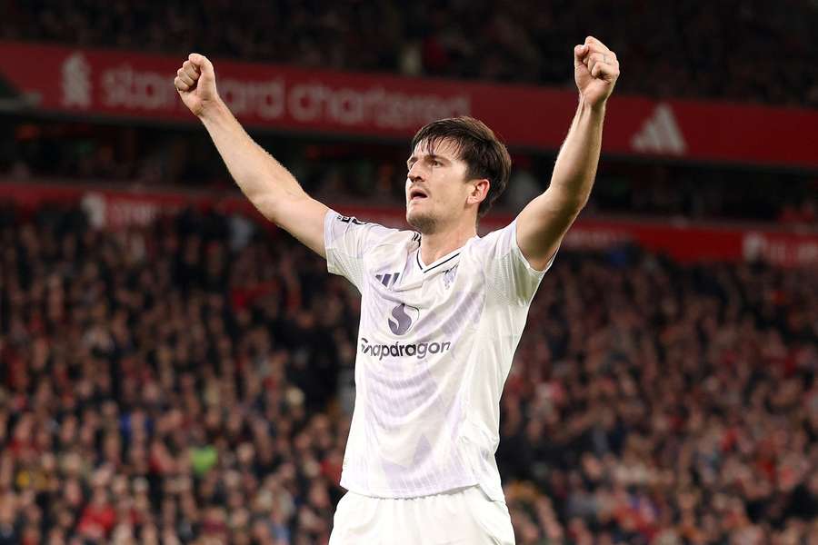 Harry Maguire celebrates scoring Man Utd's second goal against Liverpool