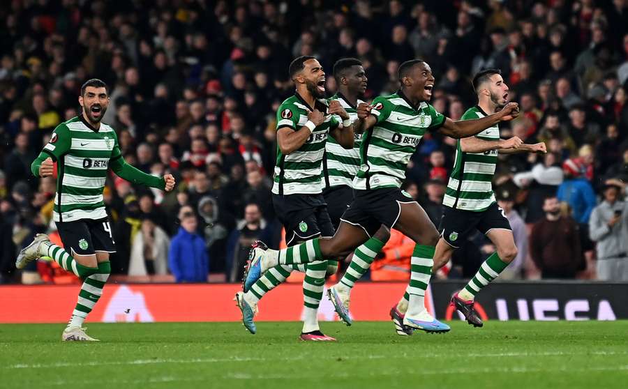 Sporting Lisbon players celebrate after the winning penalty shoot-out