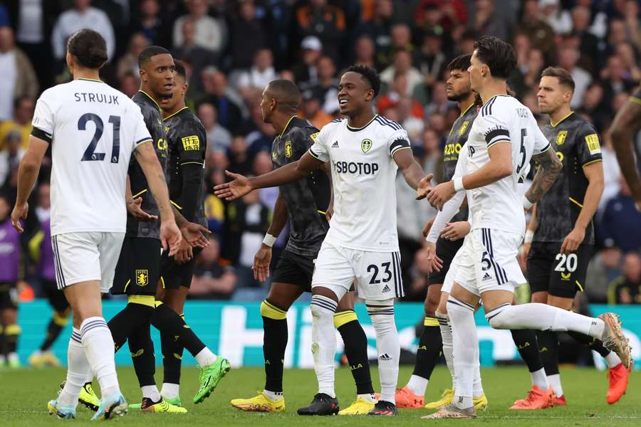 Leeds striker Luis Sinisterra reacts to having been sent off during the match between Leeds United and Aston Villa 