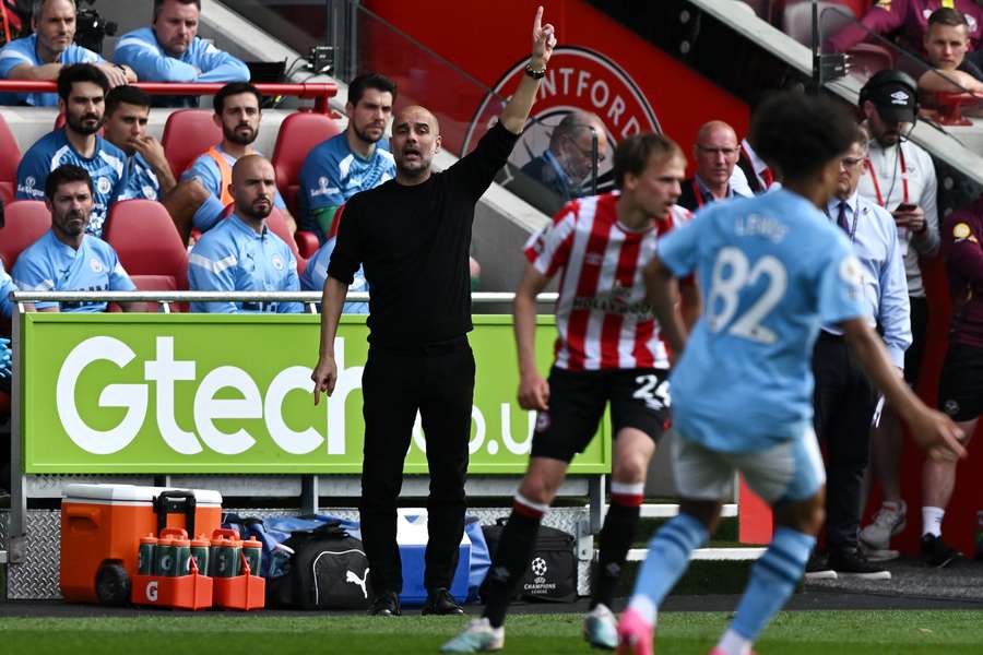 Manchester City's Spanish manager Pep Guardiola reacts during the English Premier League football match between Brentford and Manchester City