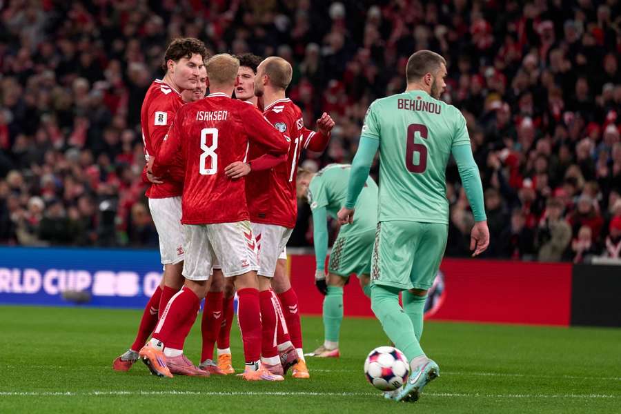 Denmark celebrate after their opening goal Denmark celebrate after their opening goal