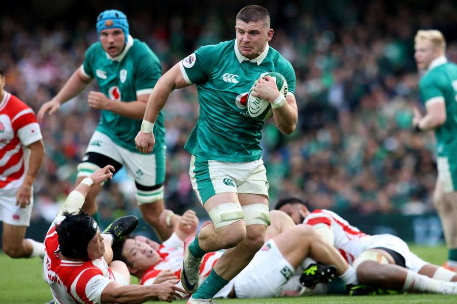 Ireland's Nick Timoney runs in a try against Japan last November.