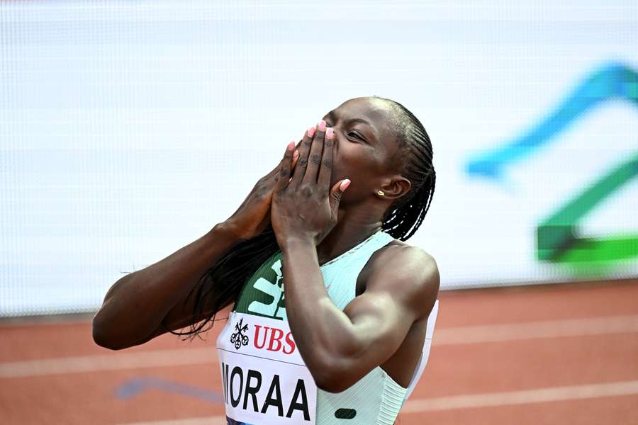 Mary Moraa reacts after winning the 800m