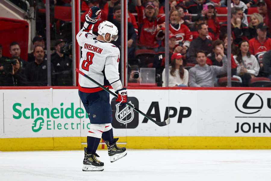 Alex Ovechkin celebrating his 892nd NHL goal as he nears Wayne Gretzky's all-time record.