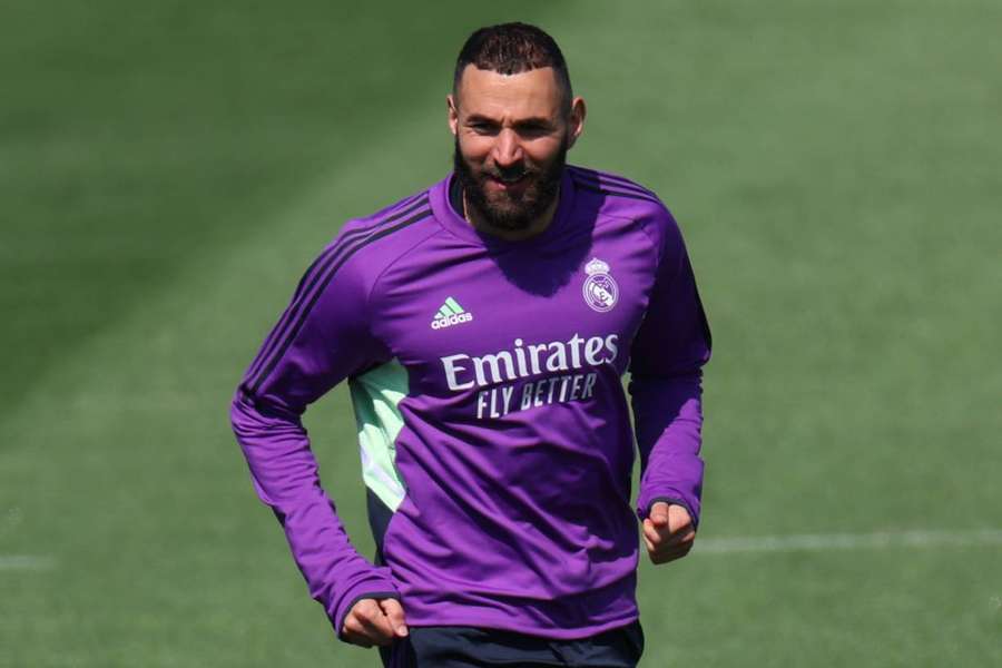 Karim Benzema takes part in a training session ahead of Real Madrid's final match of the season