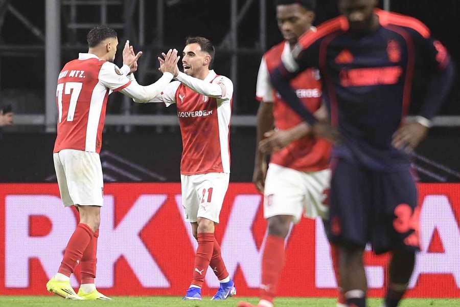 Ricardo Horta and Gabriel Moscardo celebrate after Ryan Yates own goal to give Braga the lead