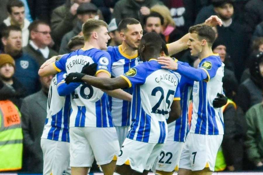 Brighton celebrate after taking a first-half lead against West Ham