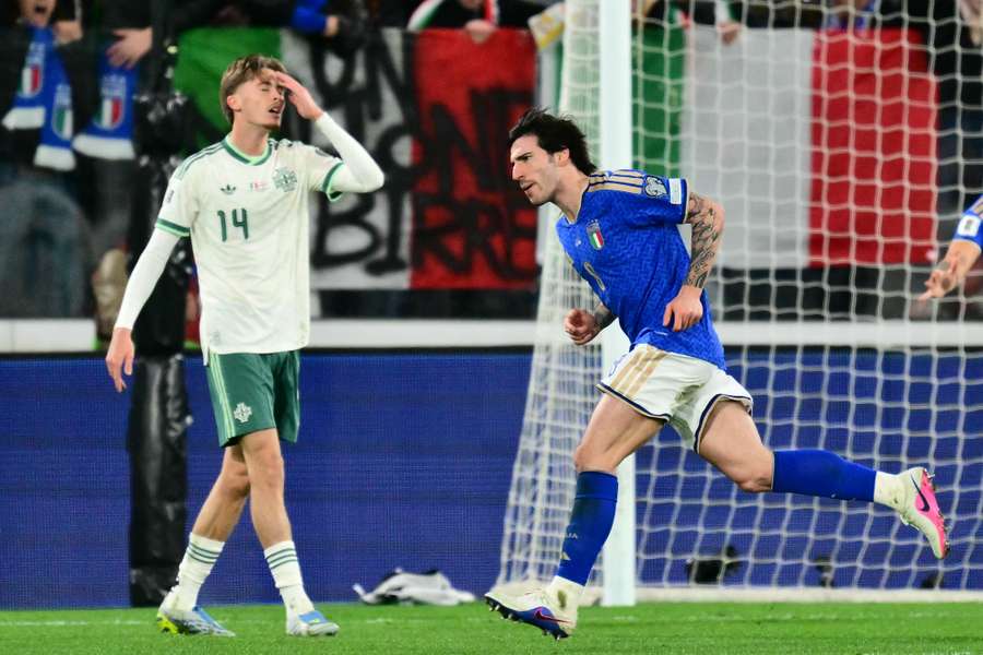 Sandro Tonali celebrates after opening the scoring for Italy