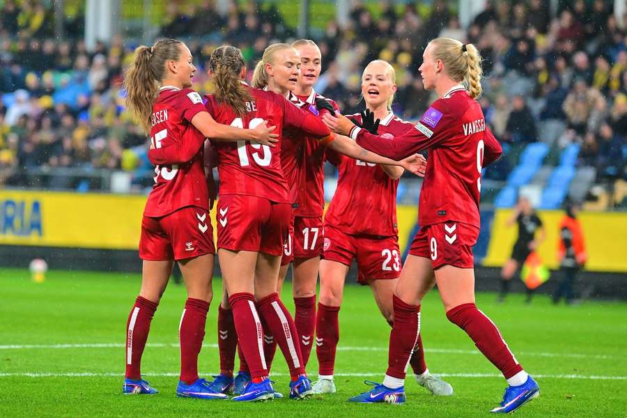 Denmark celebrate Pernille Harder's equalising goal to make it 1-1 Denmark celebrate Pernille Harder's equalising goal to make it 1-1