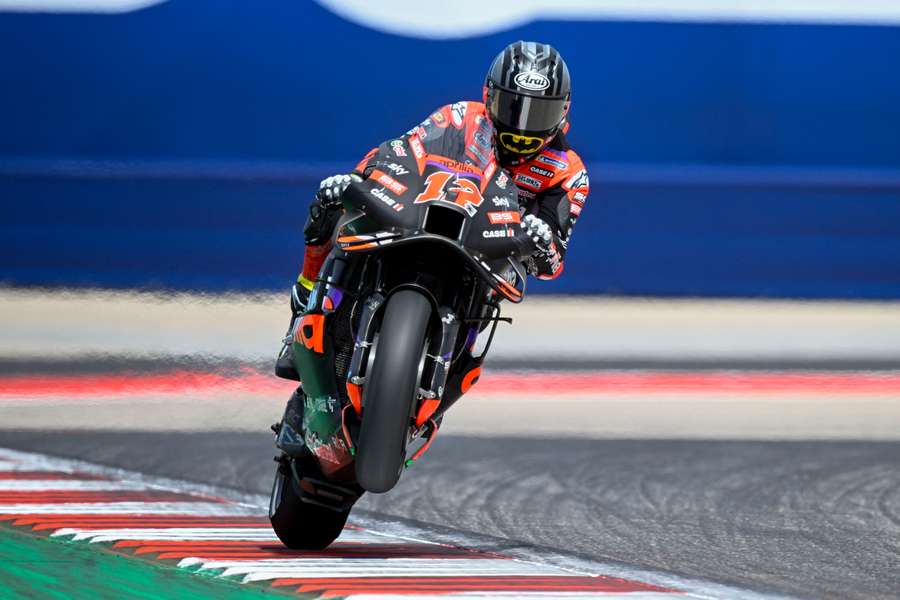 Maverick Vinales of Spain and Aprilia Racing pops a wheelie during qualifying sessions for the MotoGP Grand Prix of the Americas