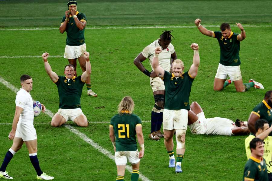 South Africa celebrate their triumph over England